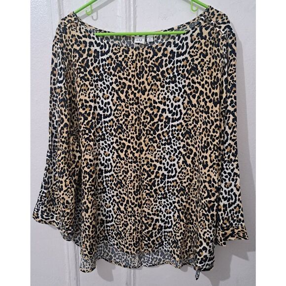 Gap Xl Womens Top Flowy Breezy Boat Neck Wide Sleeve Blouse Leopard Black Tan - Picture 1 of 8
